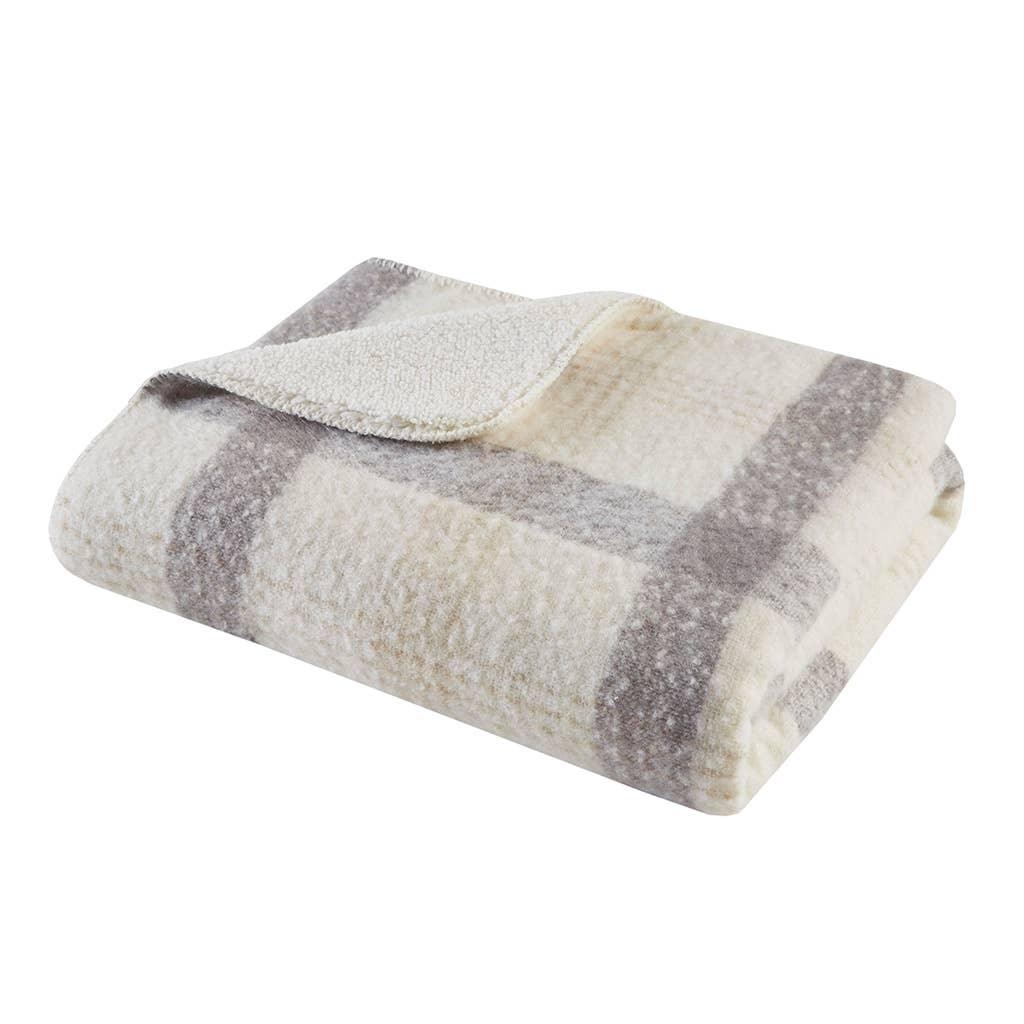 Olliix - Plaid Faux Mohair Sherpa Soft Throw Blanket 50x60", Ivory