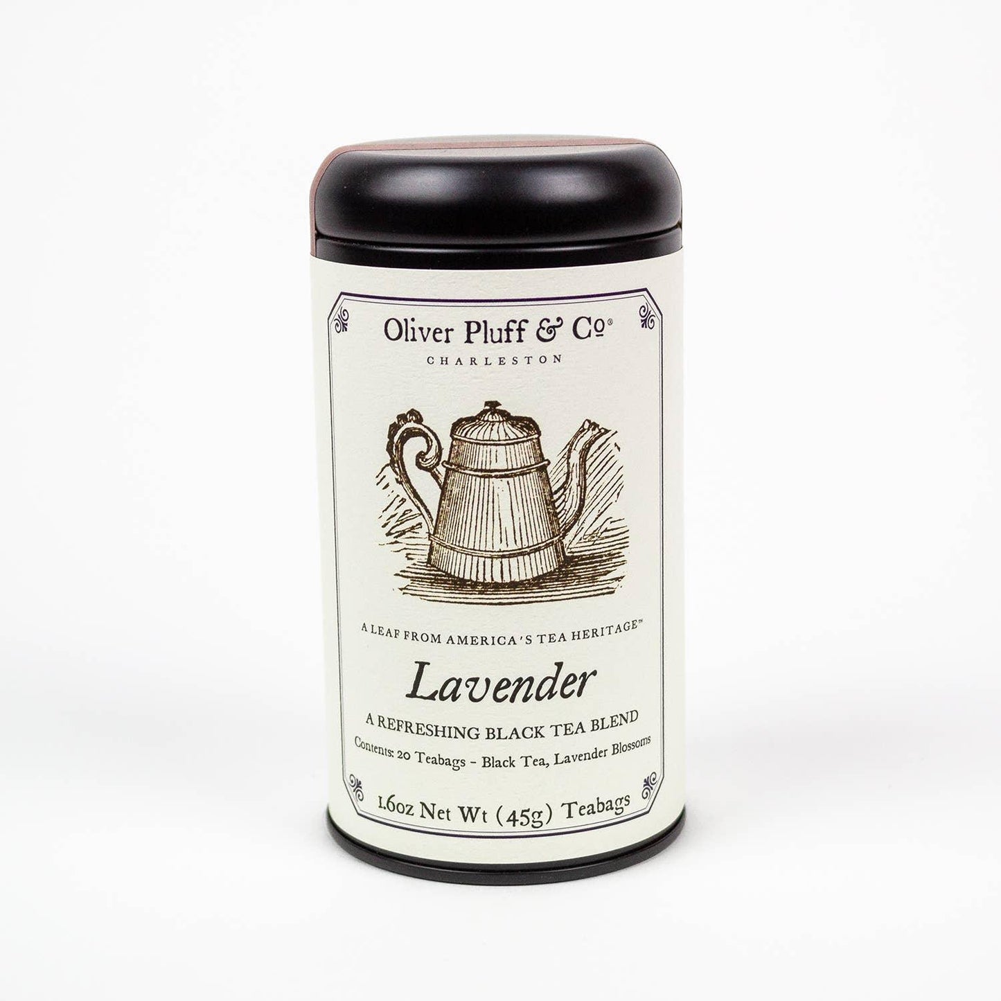 Oliver Pluff & Co Lavender black tea blend tin with vintage teapot design, 20 teabags. Come see us at Awaken, Franklin, Tennessee
