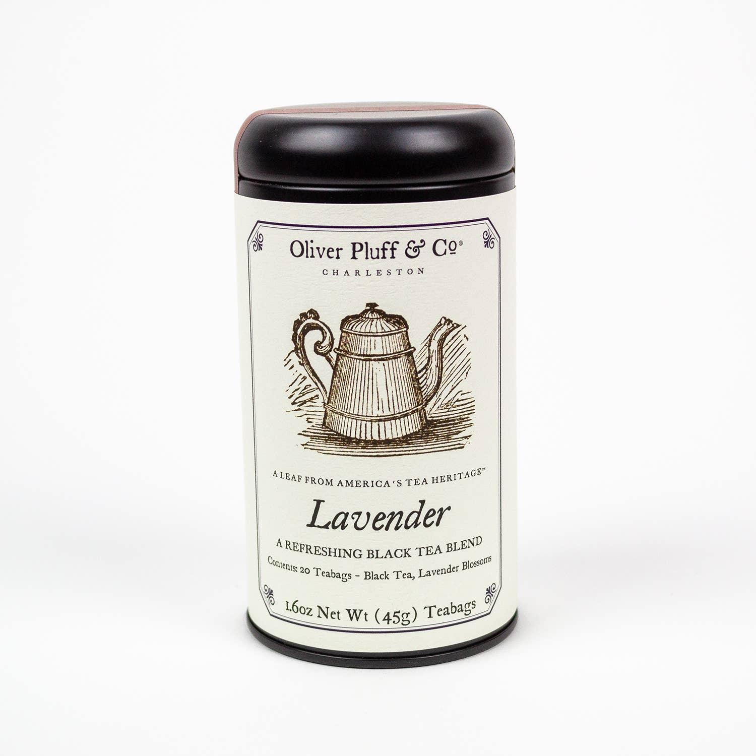 Oliver Pluff & Co Lavender black tea blend tin with vintage teapot design, 20 teabags. Come see us at Awaken, Franklin, Tennessee