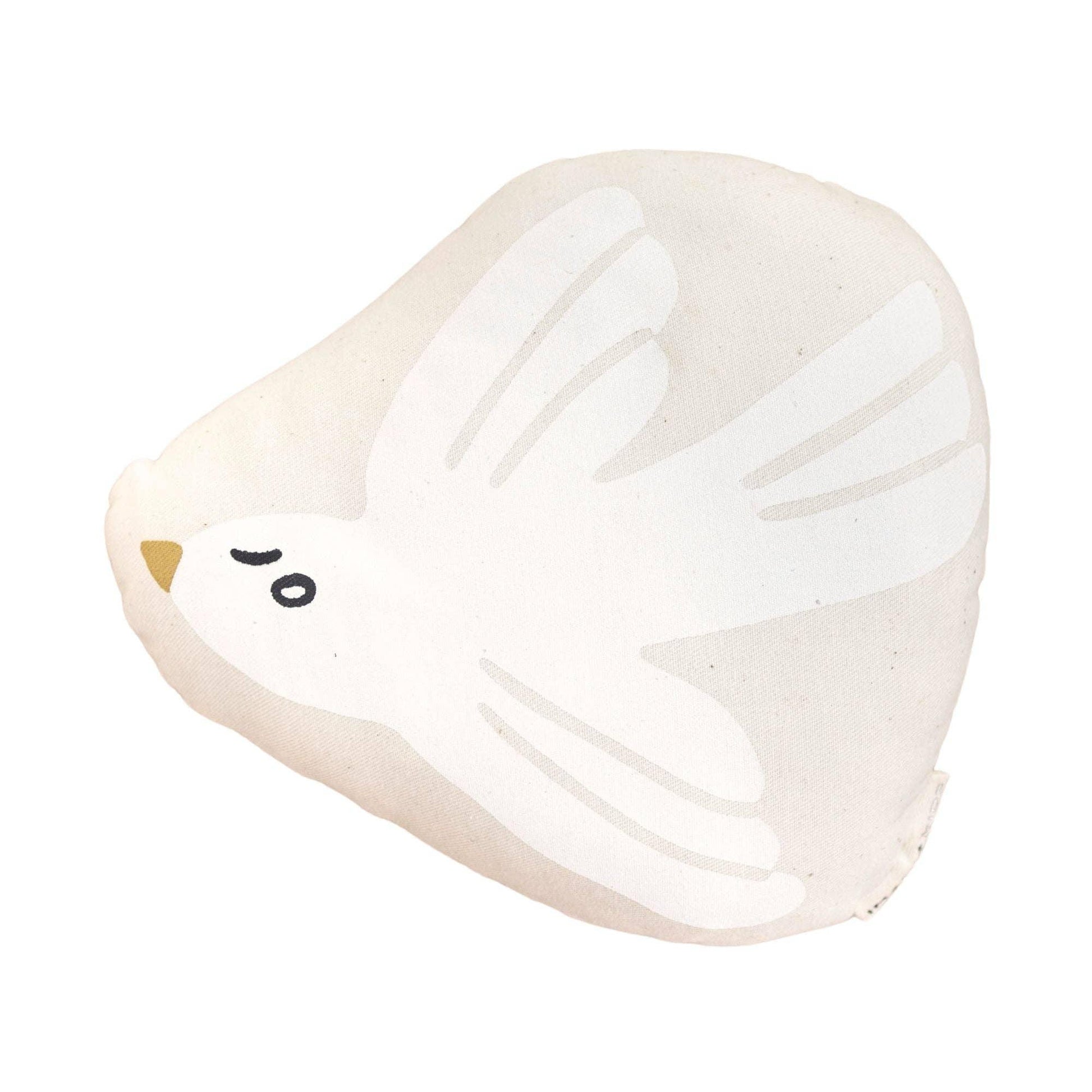 White dove-shaped decorative pillow on white background, Come see us at Awaken, Franklin, Tennessee