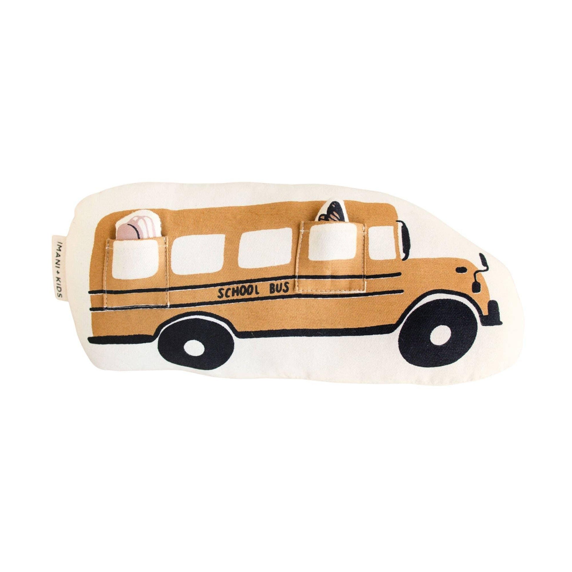 Plush yellow school bus toy with windows and small figures, Come see us at Awaken, Franklin, Tennessee