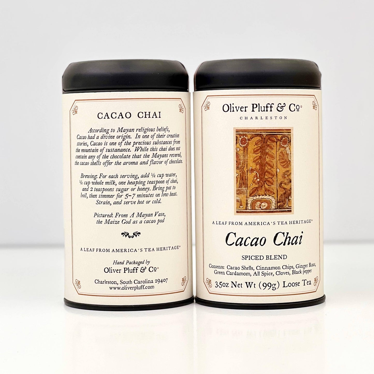 Oliver Pluff & Co Cacao Chai spiced blend tea tins with ingredients and brewing info, cream labels, black lids. Come see us at Awaken, Franklin, Tennessee