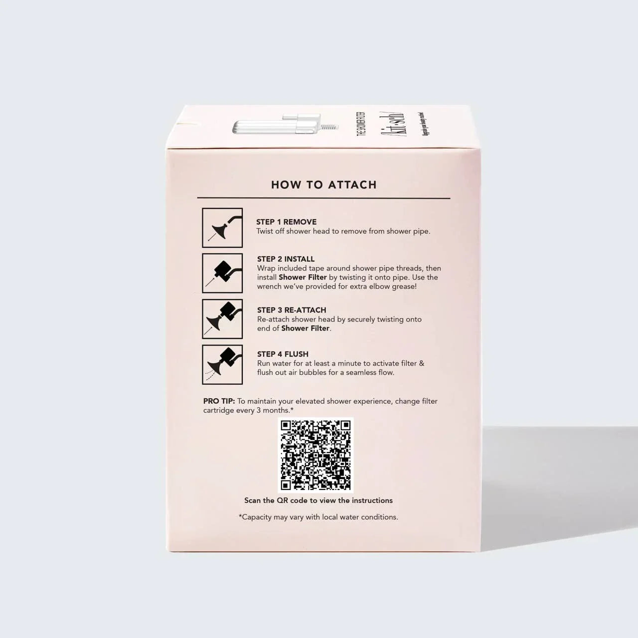 Shower filter packaging with installation steps and QR code, Come see us at Awaken, Franklin, Tennessee.