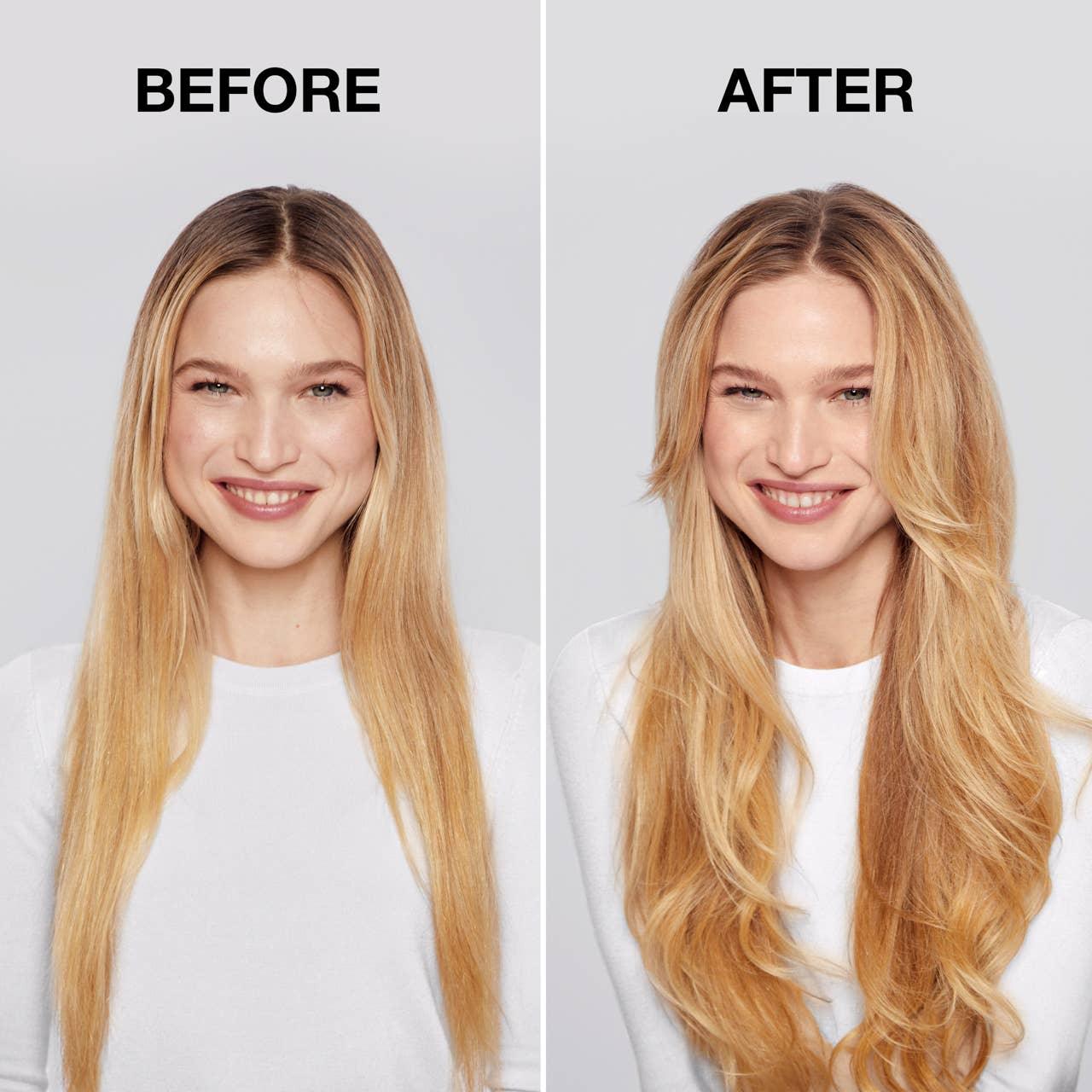 Before and after hair transformation, blonde woman with straight and then styled wavy hair. Come see us at Awaken, Franklin, Tennessee.