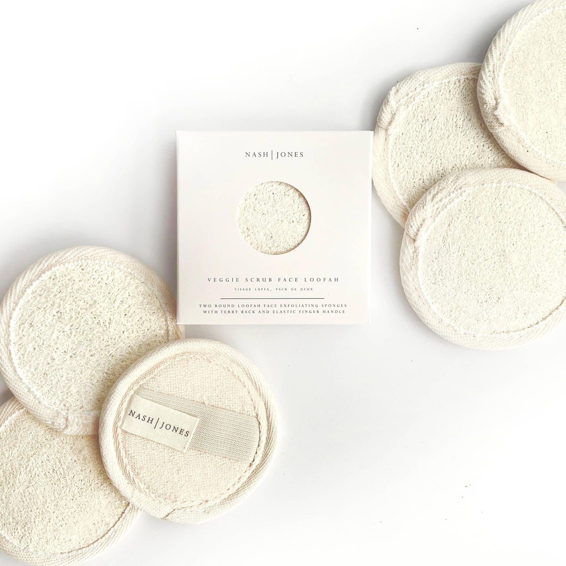 Nash Jones veggie scrub face loofah exfoliating sponges on white background. Come see us at Awaken, Franklin, Tennessee