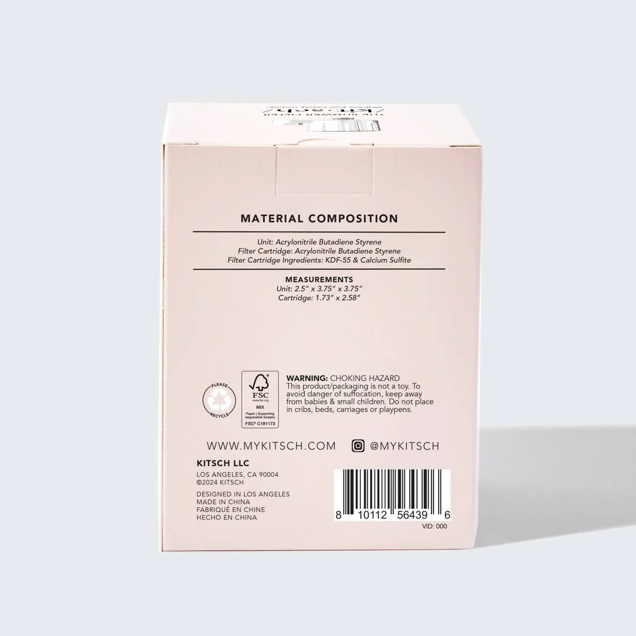 Beige Kitsch product box back with material composition, warnings, barcode, and eco symbols. Come see us at Awaken, Franklin, Tennessee.