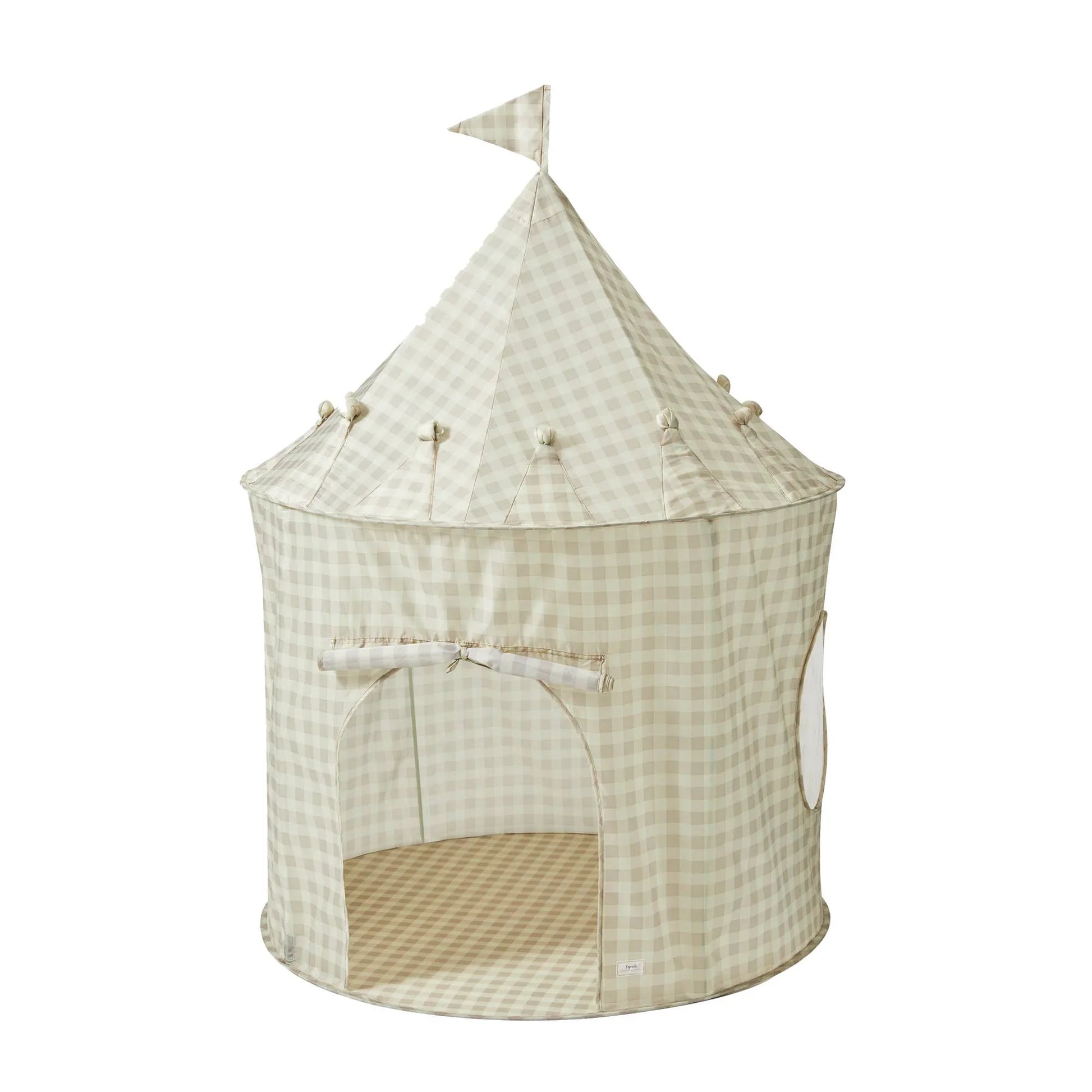 Beige checkered fabric play tent with flag top, round entrance, and window - Come see us at Awaken, Franklin, Tennessee