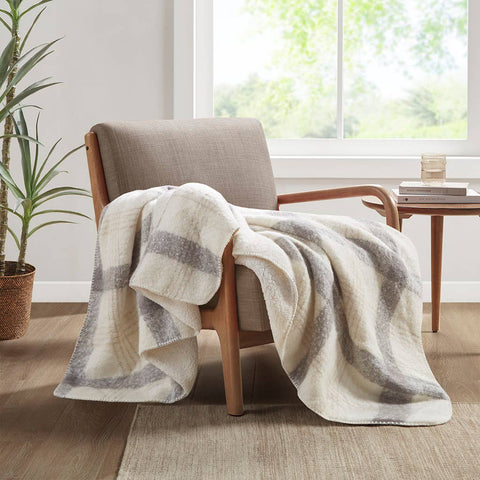 Olliix - Plaid Faux Mohair Sherpa Soft Throw Blanket 50x60", Ivory