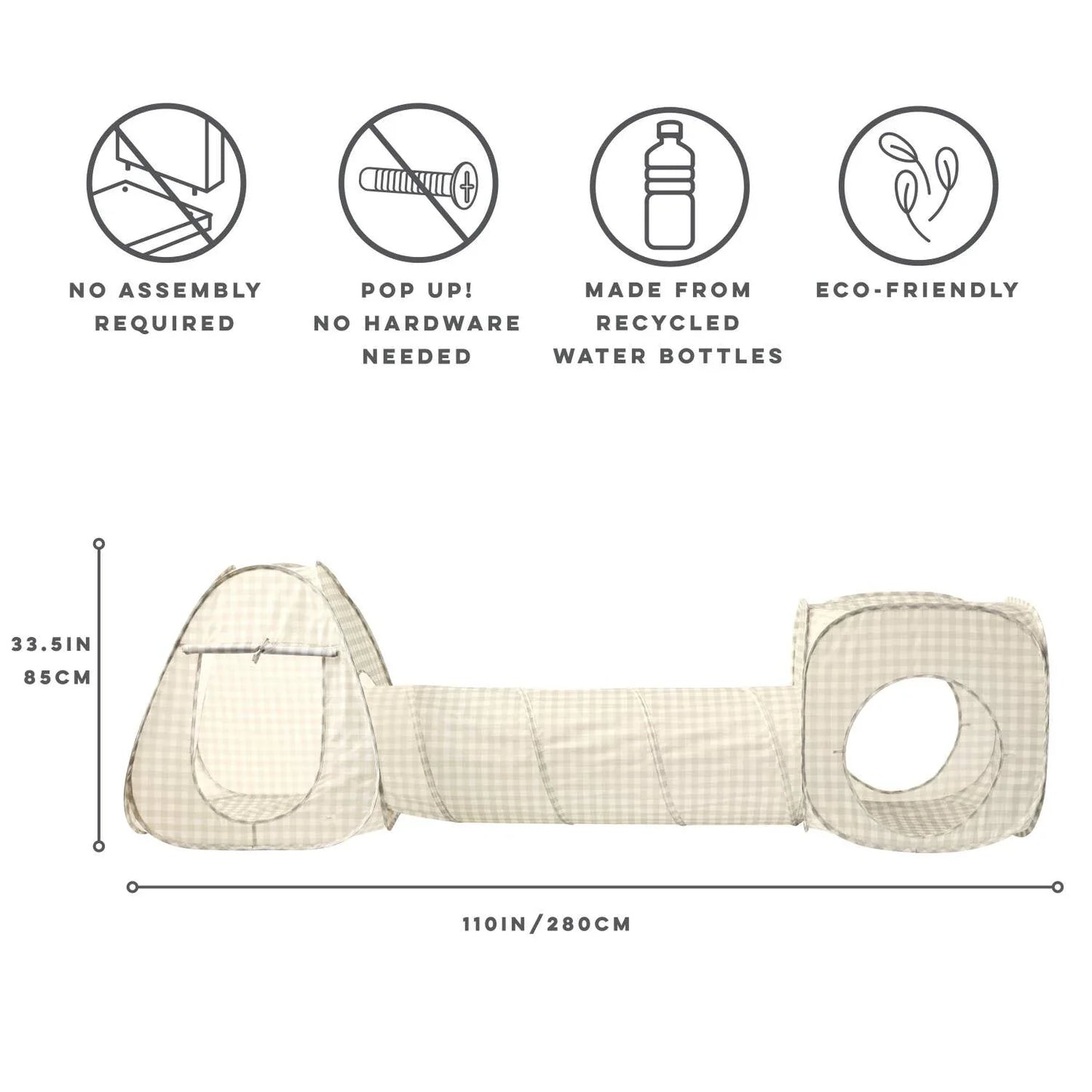 Beige plaid pop-up play tunnel with attached tent and cube, eco-friendly made from recycled bottles. Come see us at Awaken, Franklin, Tennessee