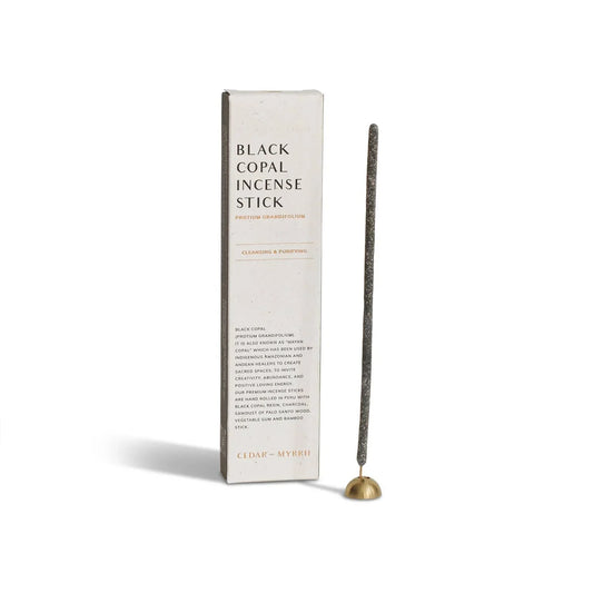 Black Copal incense stick with packaging and brass holder for cleansing and purifying, Come see us at Awaken, Franklin, Tennessee