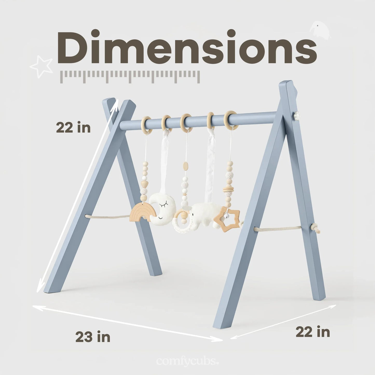Blue wooden baby play gym with hanging toys, dimensions 22x23 inches, Come see us at Awaken, Franklin, Tennessee