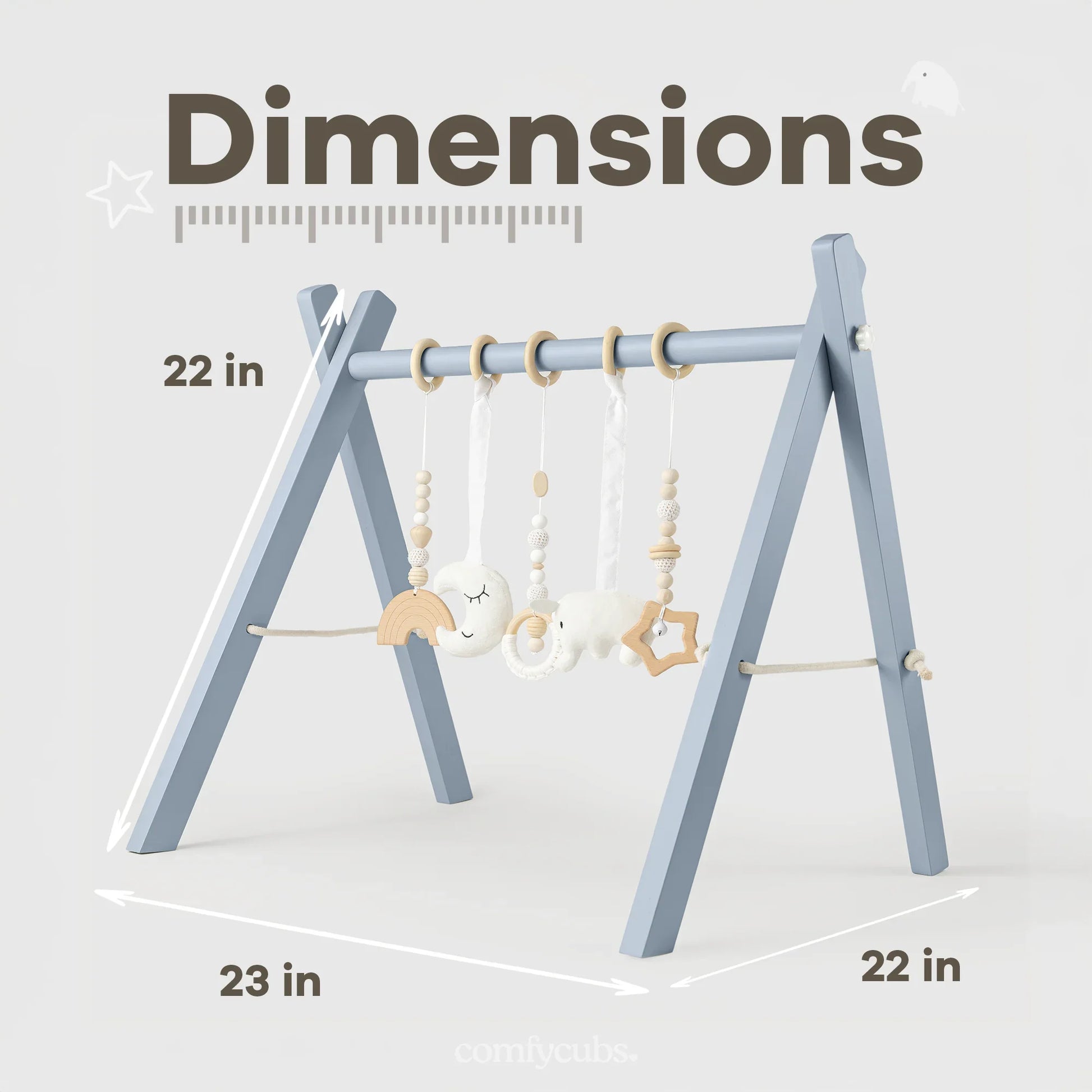 Blue wooden baby play gym with hanging toys, dimensions 22x23 inches, Come see us at Awaken, Franklin, Tennessee