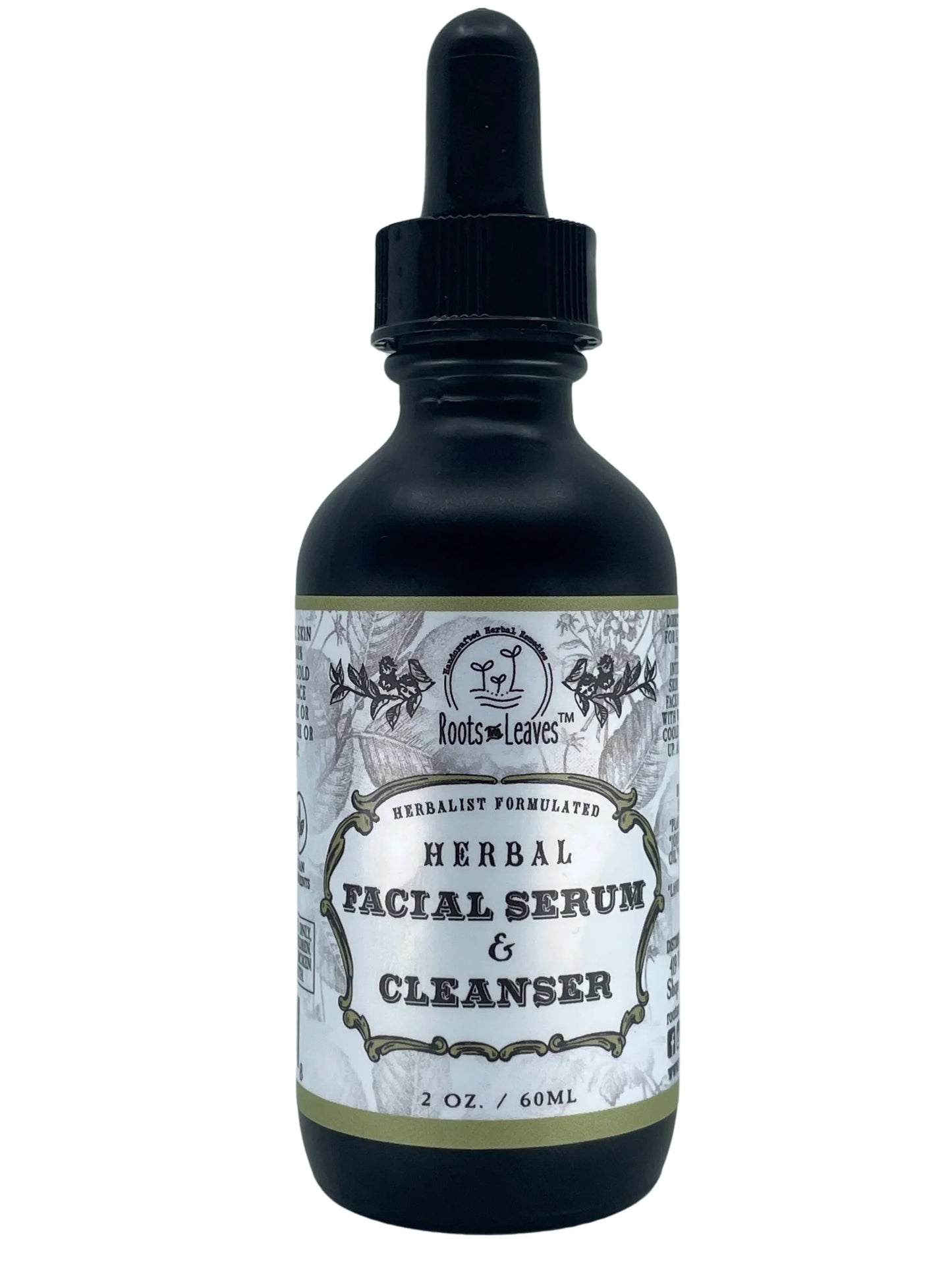 Roots & Leaves herbal facial serum and cleanser in black dropper bottle, 2 oz. Come see us at Awaken, Franklin, Tennessee