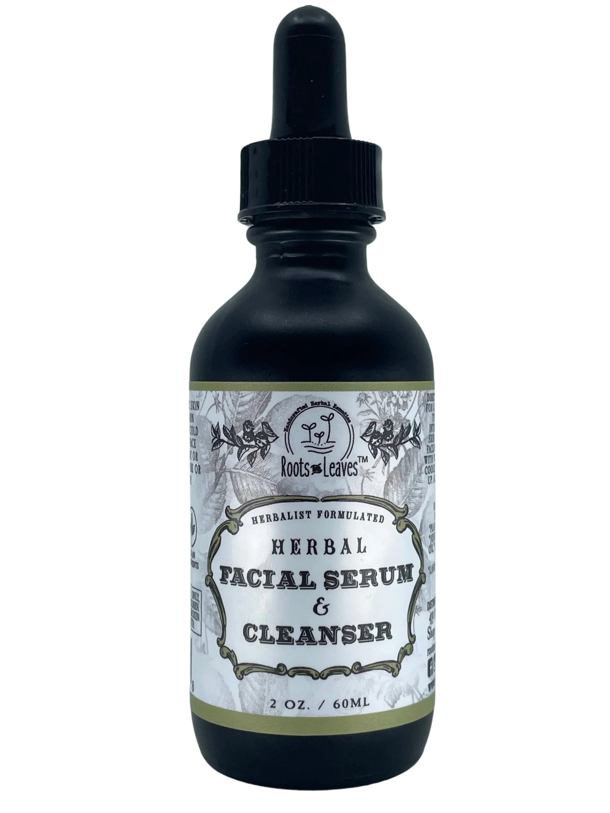 Roots & Leaves herbal facial serum and cleanser in black dropper bottle, 2 oz. Come see us at Awaken, Franklin, Tennessee