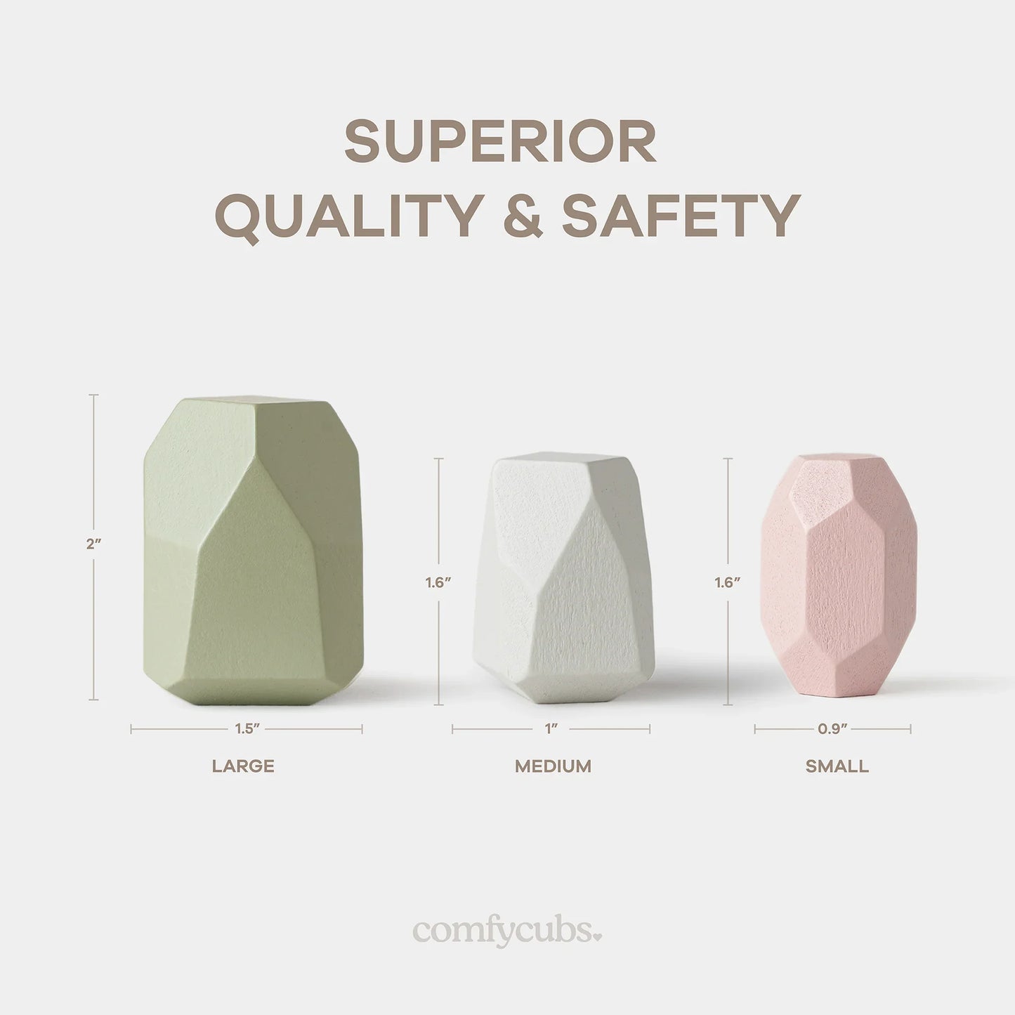 Three faceted ergonomic blocks in green, white, and pink with dimensions; superior quality and safety, comfy cubs. Come see us at Awaken, Franklin, Tennessee