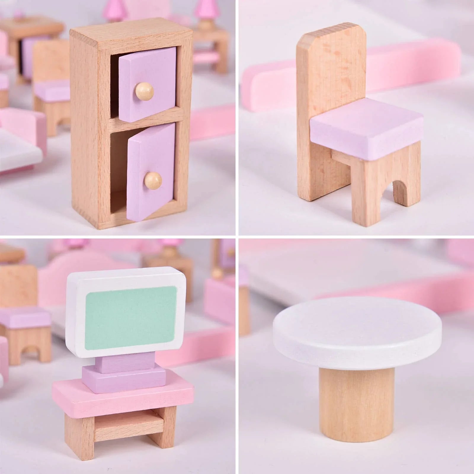 Mini wooden dollhouse furniture in pastel pink and purple, Come see us at Awaken, Franklin, Tennessee