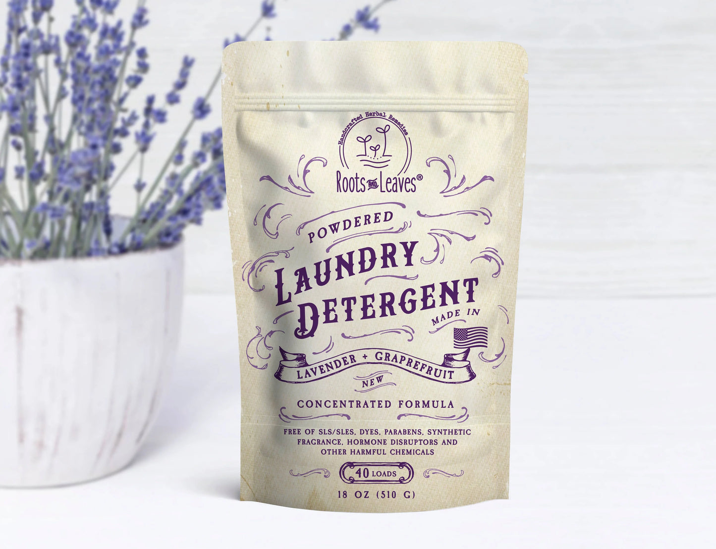 Powdered laundry detergent with lavender and grapefruit scent by Roots and Leaves, herbal remedy. Come see us at Awaken, Franklin, Tennessee