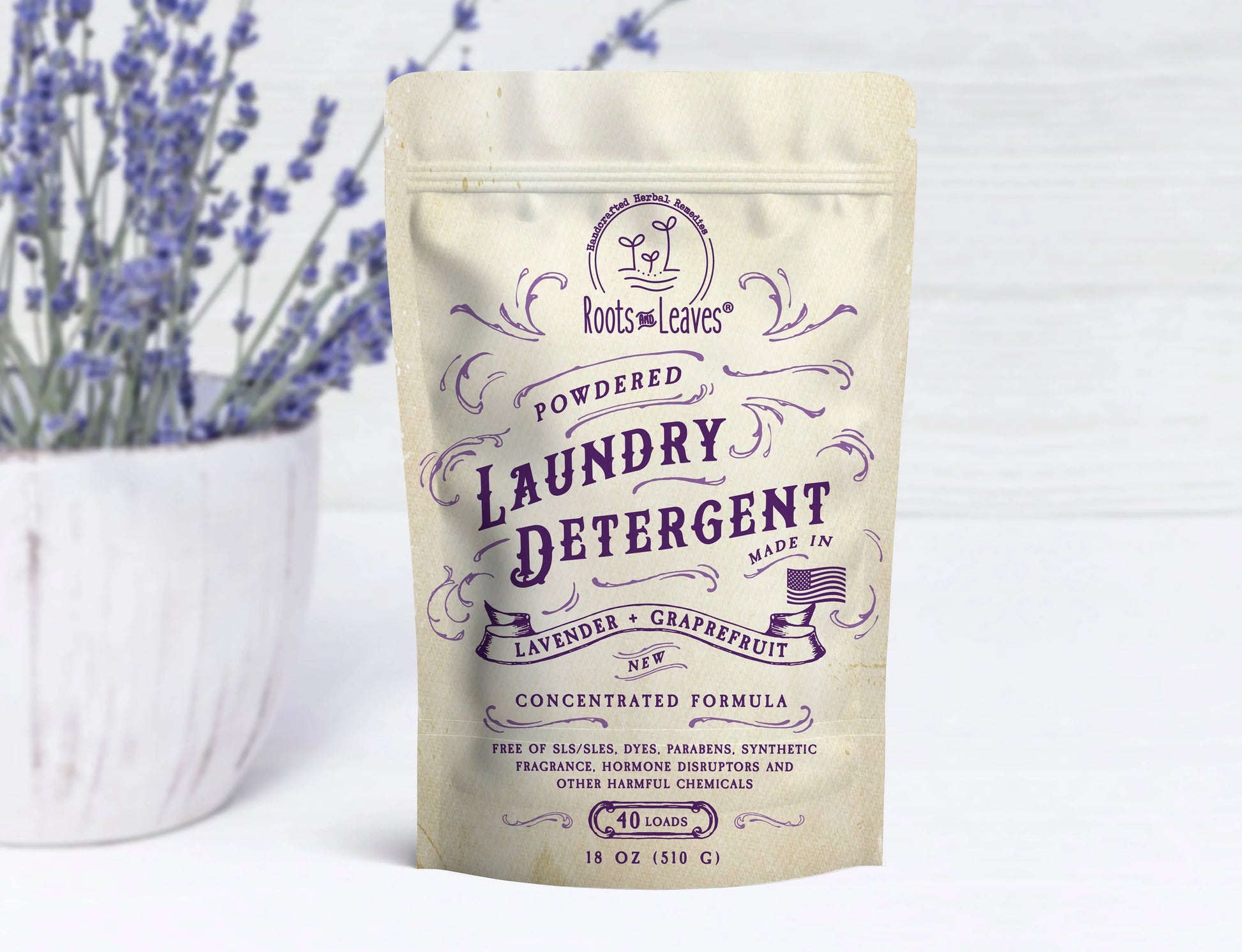 Powdered laundry detergent with lavender and grapefruit scent by Roots and Leaves, herbal remedy. Come see us at Awaken, Franklin, Tennessee