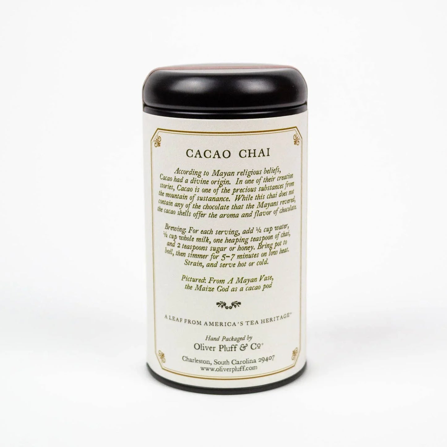 Cacao Chai tea tin by Oliver Pluff & Co with Mayan origin text, white label and black lid. Come see us at Awaken, Franklin, Tennessee