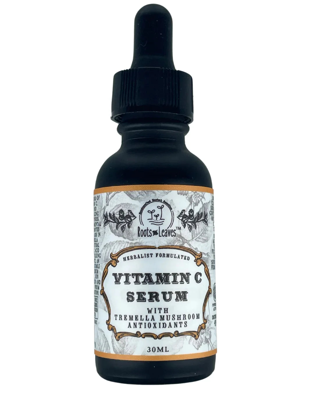 Roots and Leaves vitamin C serum bottle with Tremella mushroom antioxidants, 30ml. Come see us at Awaken, Franklin, Tennessee