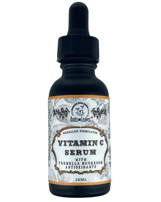 Roots and Leaves vitamin C serum bottle with Tremella mushroom antioxidants, 30ml. Come see us at Awaken, Franklin, Tennessee