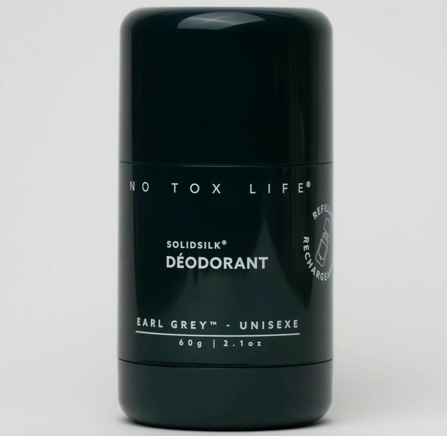 No Tox Life SolidSilk deodorant in Earl Grey scent, unisex, 60g, black container. Come see us at Awaken, Franklin, Tennessee