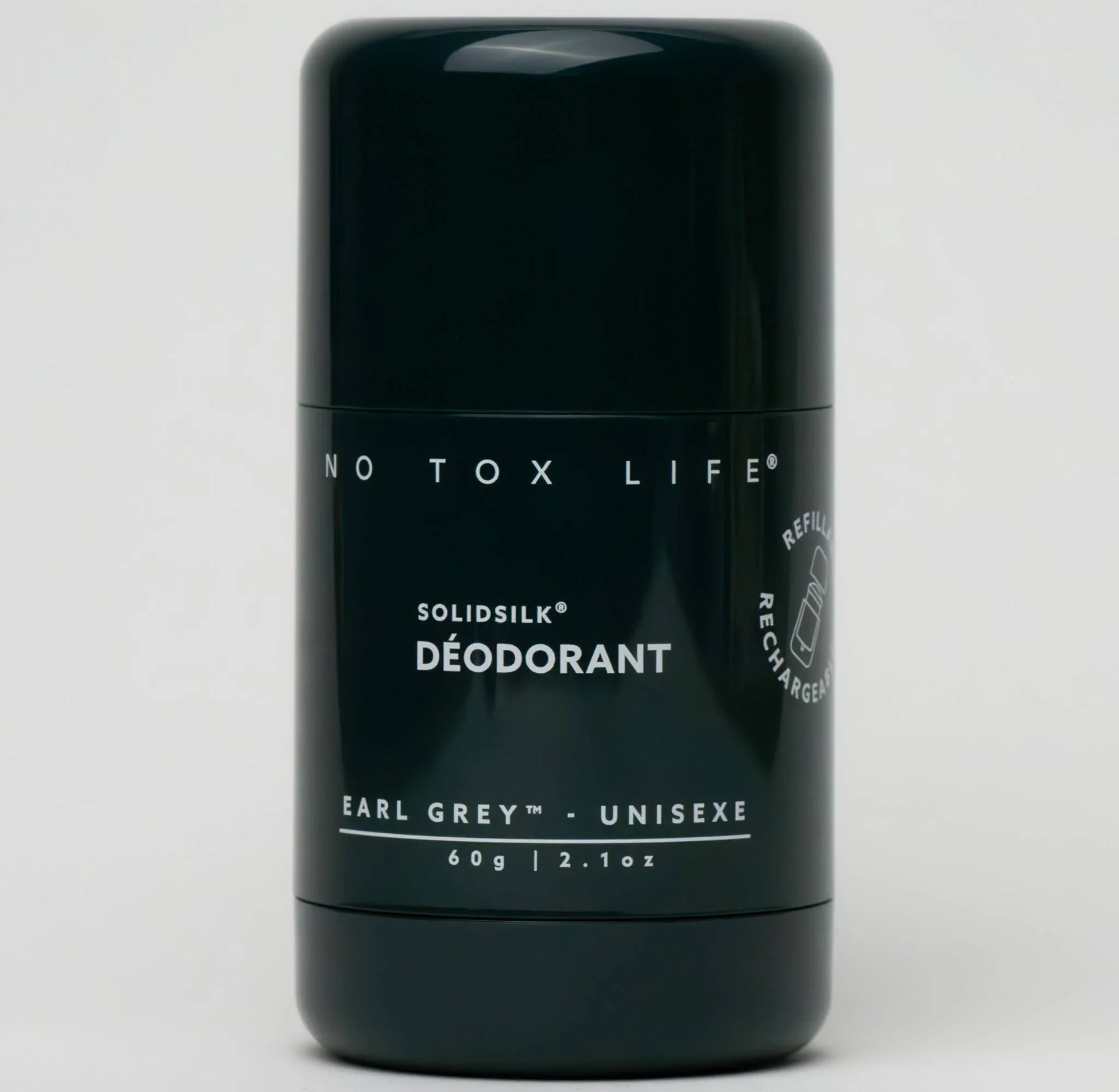 No Tox Life SolidSilk deodorant in Earl Grey scent, unisex, 60g, black container. Come see us at Awaken, Franklin, Tennessee