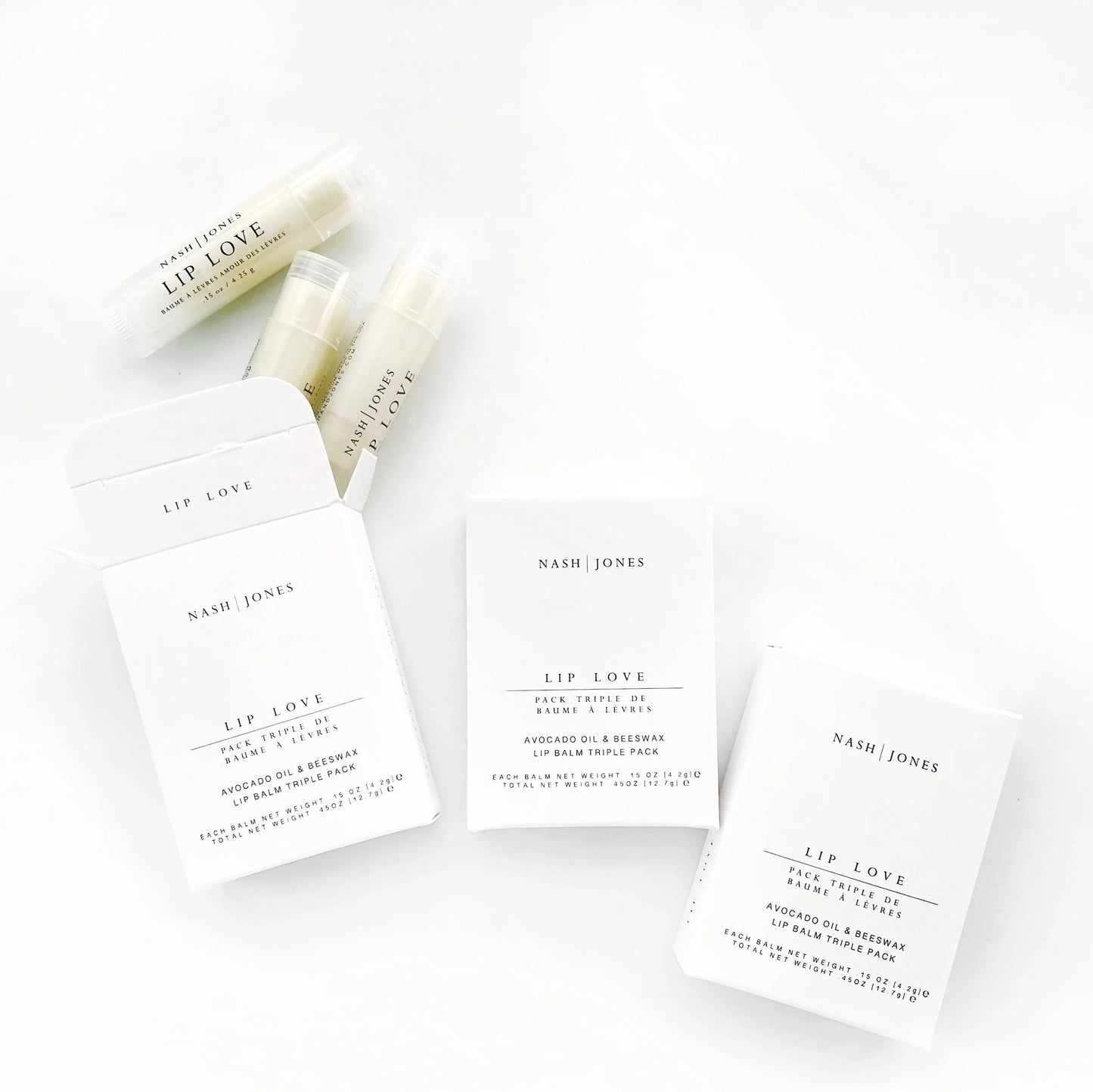 Nash Jones Lip Love avocado oil and beeswax lip balm triple pack with white minimalist packaging. Come see us at Awaken, Franklin, Tennessee