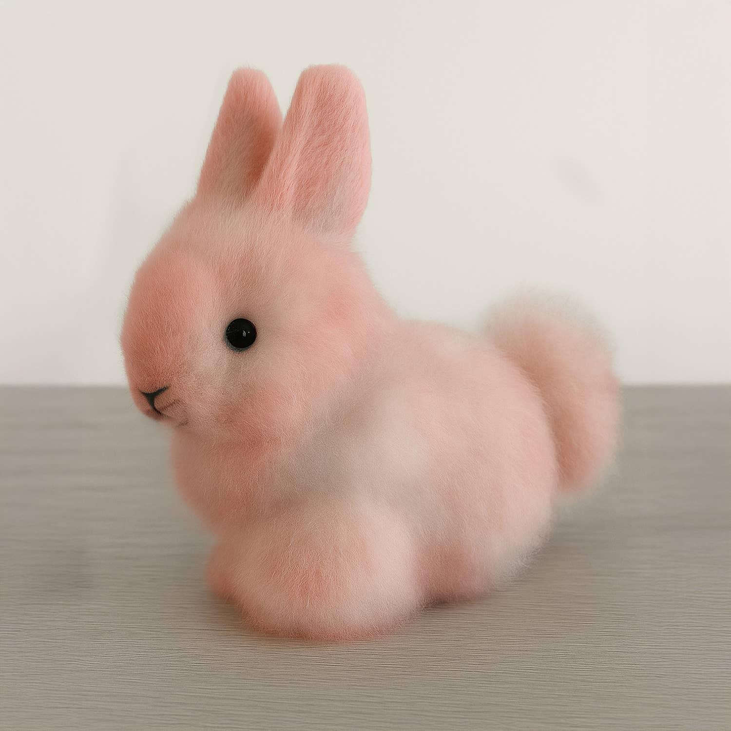 Soft pink plush bunny toy with black eyes on wooden surface. Come see us at Awaken, Franklin, Tennessee