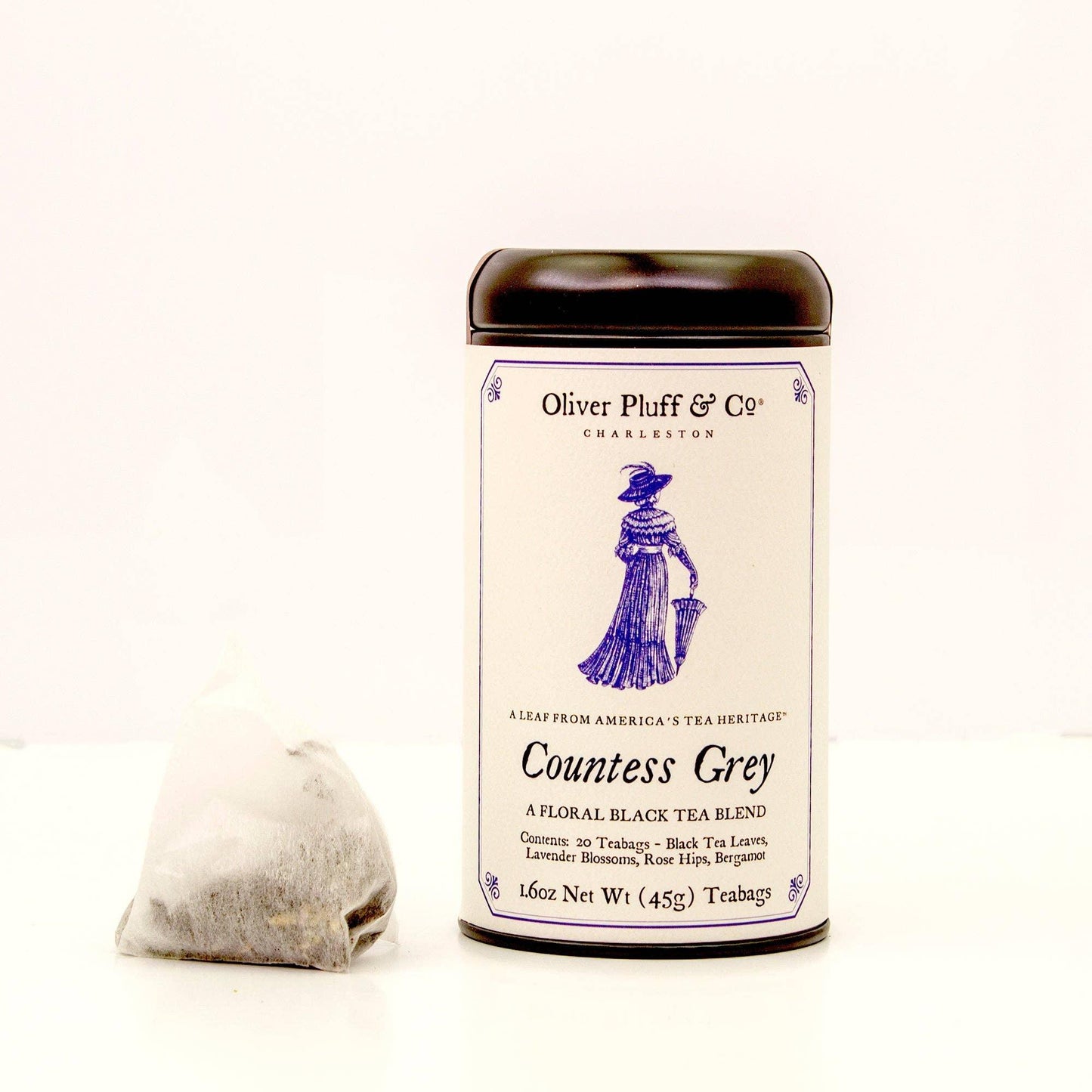 Oliver Pluff & Co Countess Grey black tea blend tin with teabag on white background, Come see us at Awaken, Franklin, Tennessee