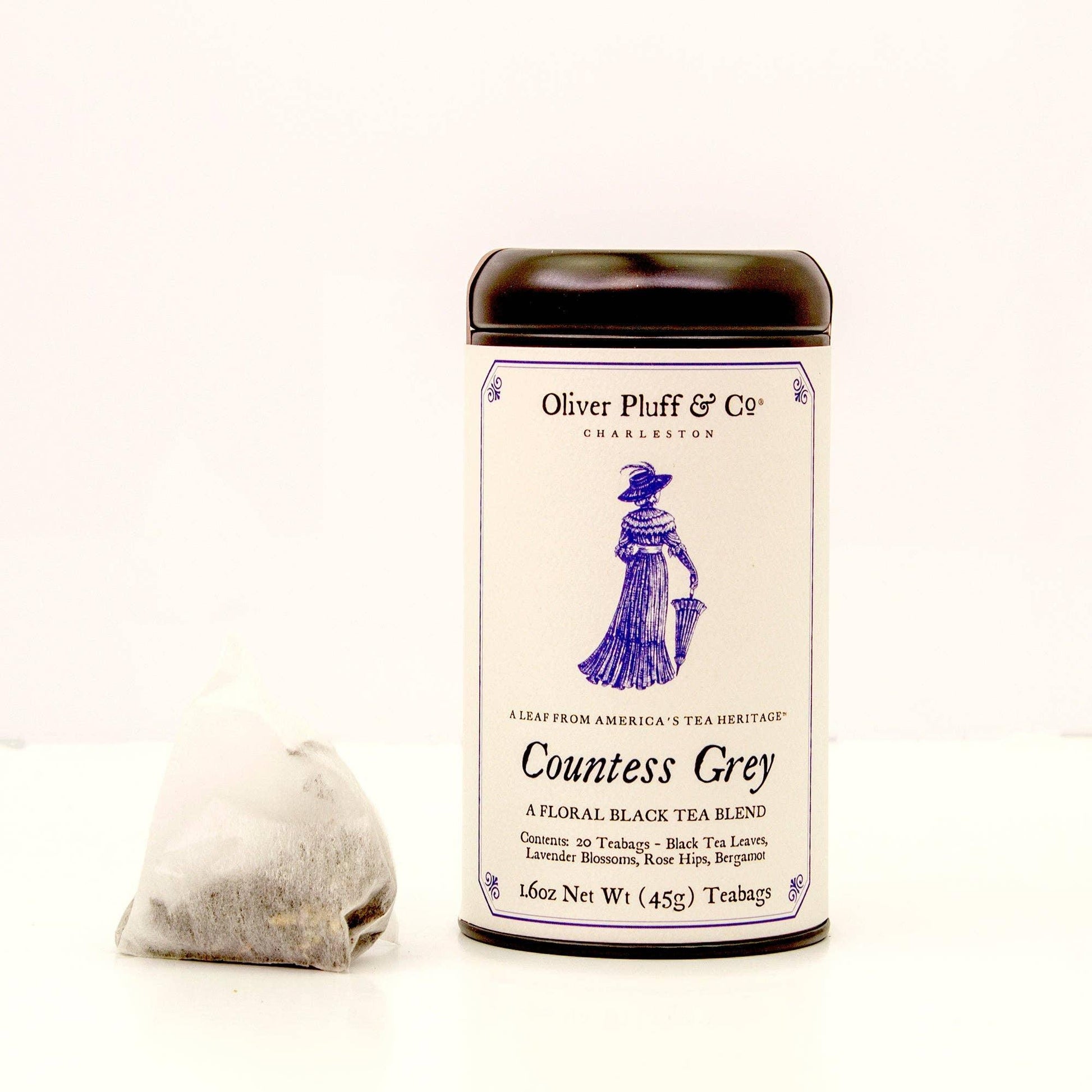 Oliver Pluff & Co Countess Grey black tea blend tin with teabag on white background, Come see us at Awaken, Franklin, Tennessee