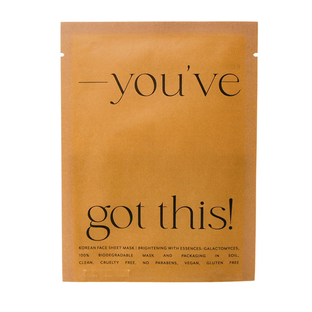 Brown Korean face sheet mask packaging with 'you've got this!' text, Come see us at Awaken, Franklin, Tennessee