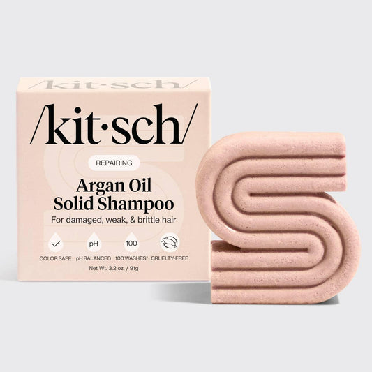 Kitsch Argan Oil Solid Shampoo bar for damaged hair with packaging, color safe and cruelty-free. Come see us at Awaken, Franklin, Tennessee